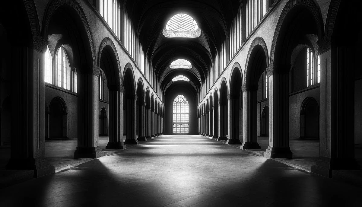 Gothic Cathedral Archway Mural Wallpaper —Monochromatic Depth Mural Wallpaper - room preview 02