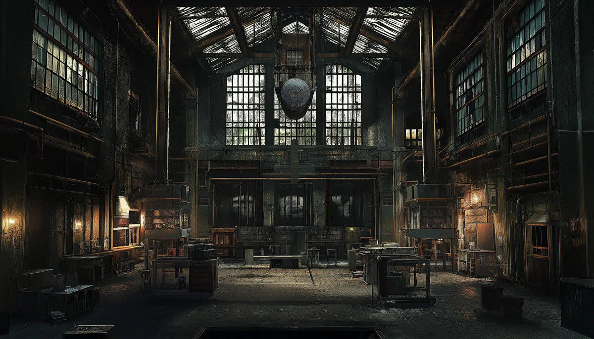 Industrial Factory Hall Mural Wallpaper — Vintage Brown and Gold Mural Wallpaper - room preview 02