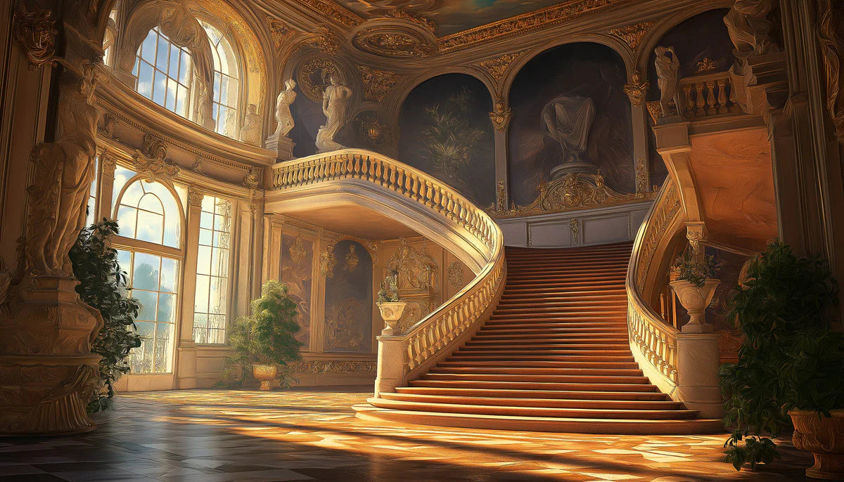 Grand Baroque Staircase Mural Wallpaper — Opulent Historical Scene Mural Wallpaper - room preview 02