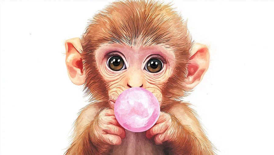 Kids Room Wallpaper Mural – Children Wall Mural – Baby Monkey Bubble Gum — Whimsical Portrait printable artwork