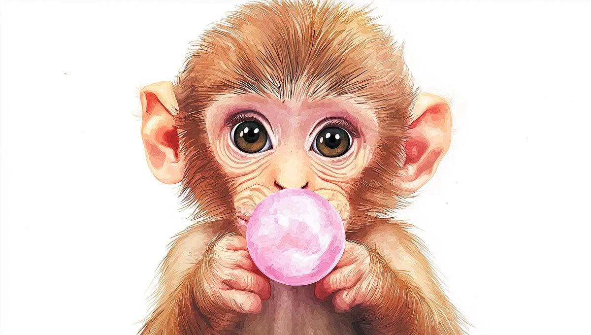 Baby Monkey Bubble Gum Mural Wallpaper — Whimsical Portrait Mural Wallpaper - room preview 02
