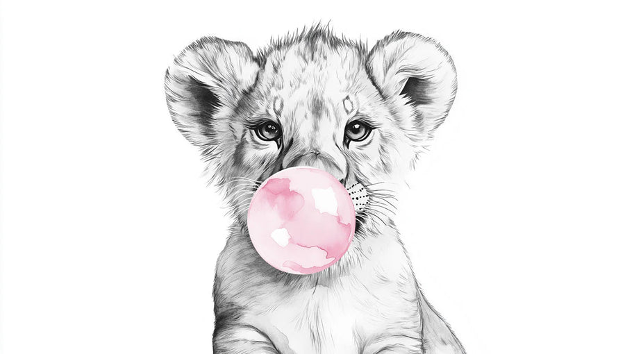 Baby Animals Wallpaper Mural – Cute Animals Wall Mural – Lion Cub with Bubblegum — Whimsical Sketch Design printable artwork