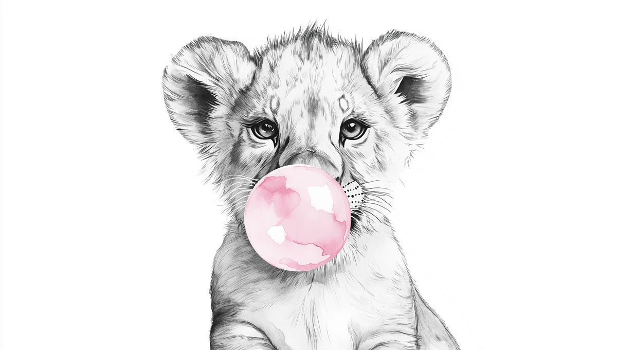 Lion Cub with Bubblegum Mural Wallpaper — Whimsical Sketch Design Mural Wallpaper - room preview 02