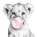 Lion Cub with Bubblegum Mural Wallpaper — Whimsical Sketch Design Mural Wallpaper - room preview 02