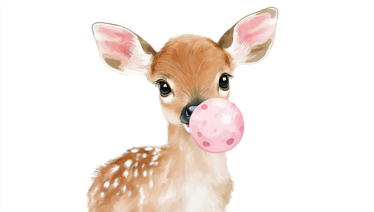 Baby Deer with Bubble Gum Mural Wallpaper — Whimsical Illustration Mural Wallpaper - room preview 02
