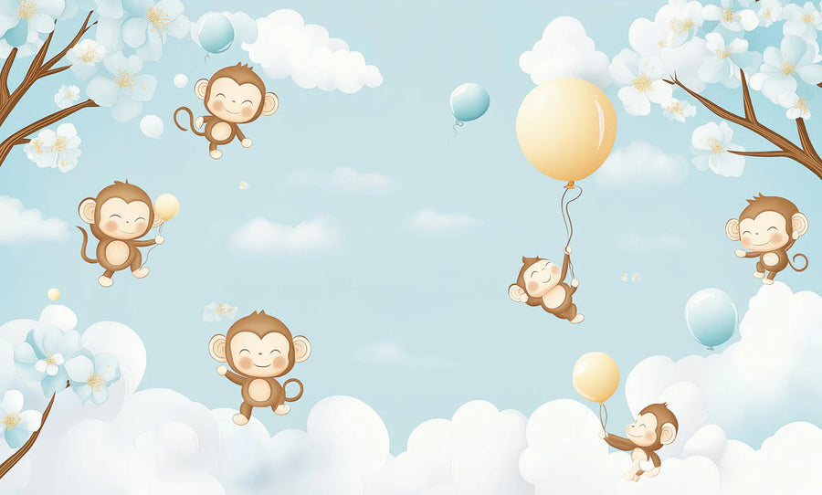 Kids Room Wallpaper Mural – Children Wall Mural – Playful Monkey and Balloon Sky printable artwork