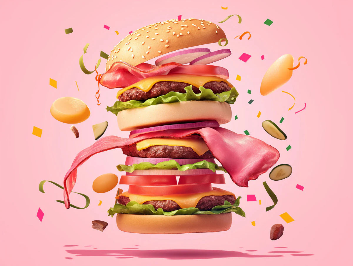 Floating Gourmet Burger Party Mural Wallpaper —Playful Pop Art Mural Wallpaper - room preview 02