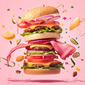 Floating Gourmet Burger Party Mural Wallpaper —Playful Pop Art Mural Wallpaper - room preview 02