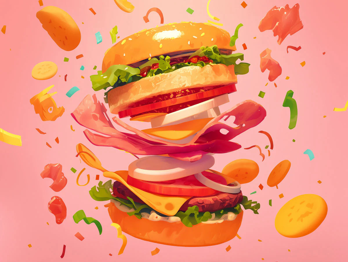 Floating Burger Feast Mural Wallpaper — Playful Pop Art Design Mural Wallpaper - room preview 02
