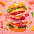 Floating Burger Feast Mural Wallpaper — Playful Pop Art Design Mural Wallpaper - room preview 02