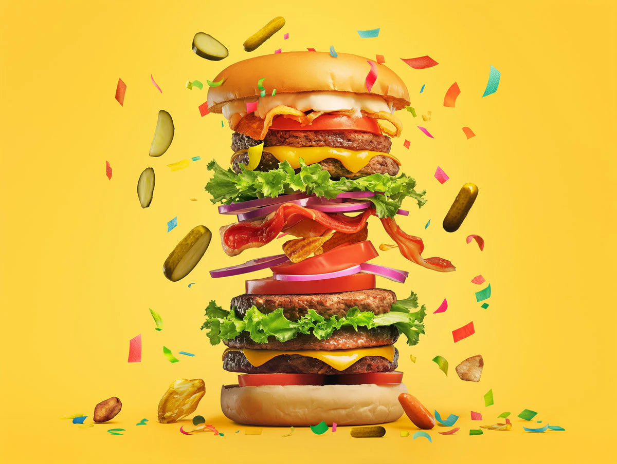 Towering Burger Celebration Mural Wallpaper — Pop Art Design Mural Wallpaper - room preview 02
