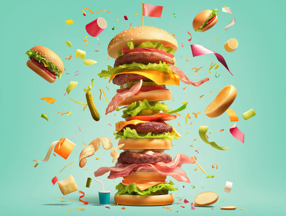 Burger Extravaganza Mural Wallpaper —Playful Food Art Mural Wallpaper - room preview 02