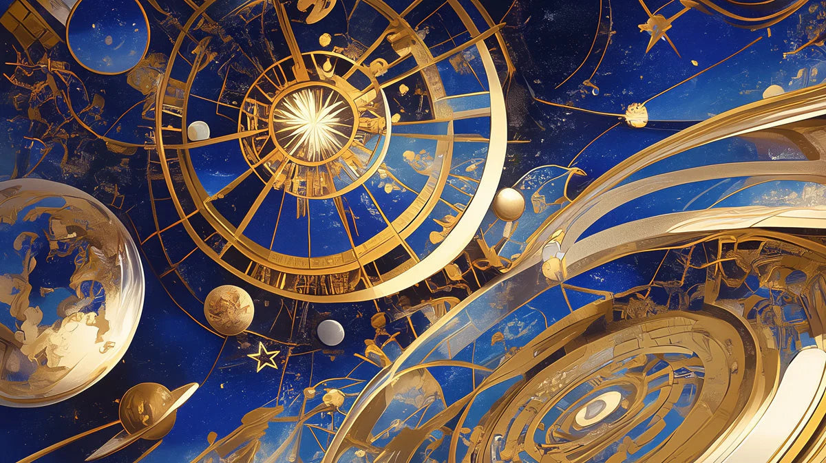 Celestial Orrery Mural Wallpaper in Deep Blue and Radiant Gold Mural Wallpaper - room preview 02