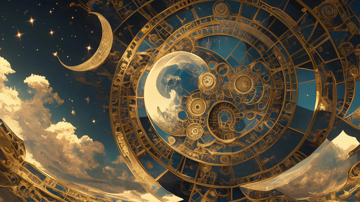 Celestial Clockwork Mural Wallpaper — Navy and Gold Astronomy Mural Wallpaper - room preview 02