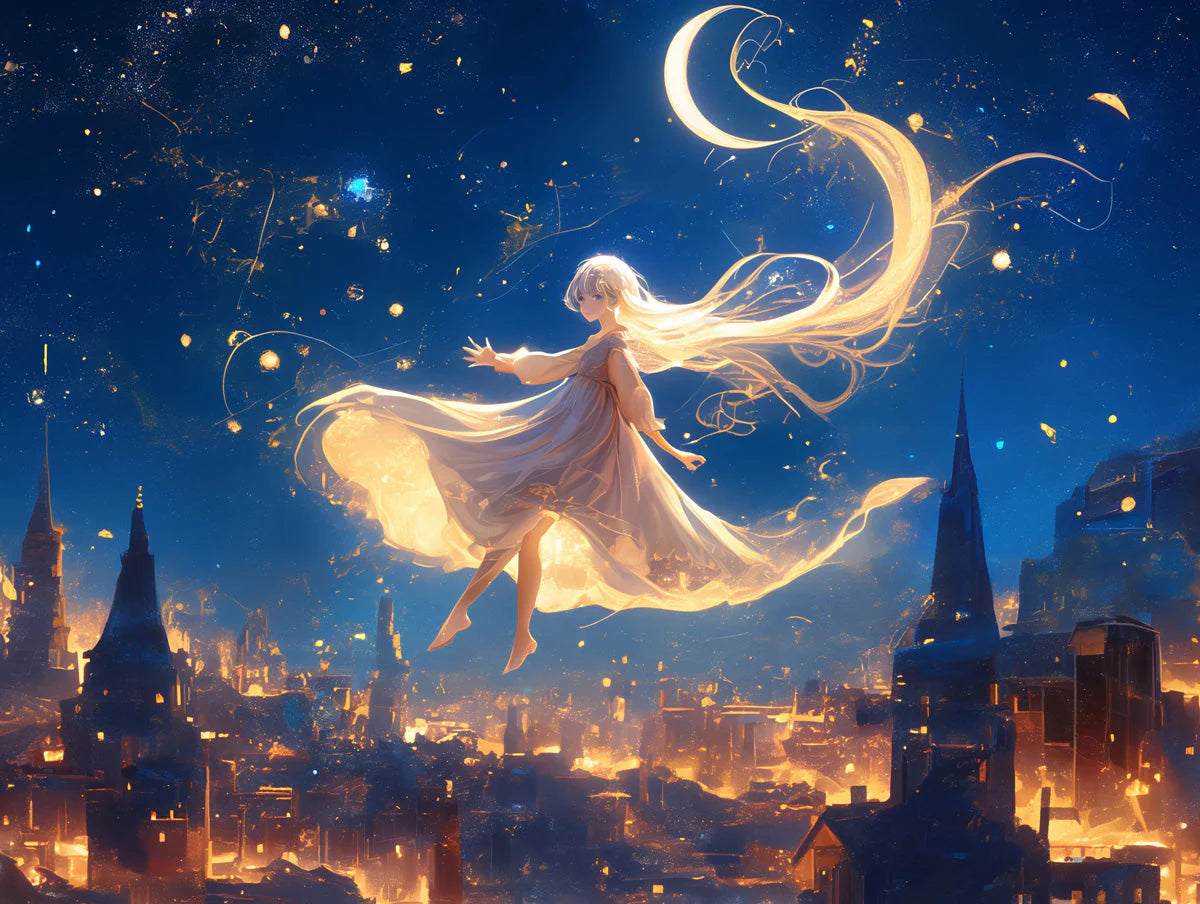 Celestial Dreamer Fantasy Mural Wallpaper — Night Sky and Golden Glow Mural Wallpaper - room preview 02