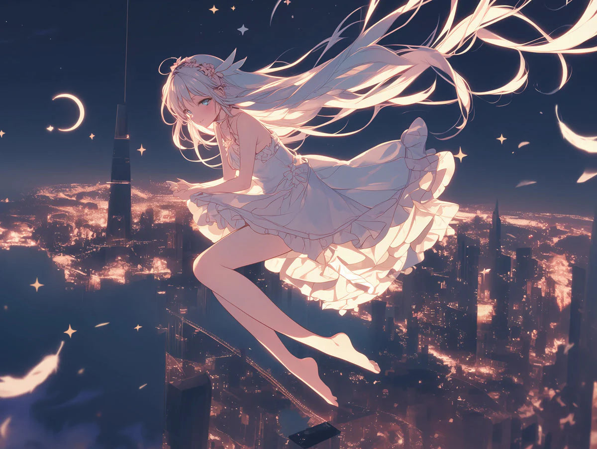 Floating Celestial Girl Mural Wallpaper — Dreamy Night Sky Design Mural Wallpaper - room preview 02