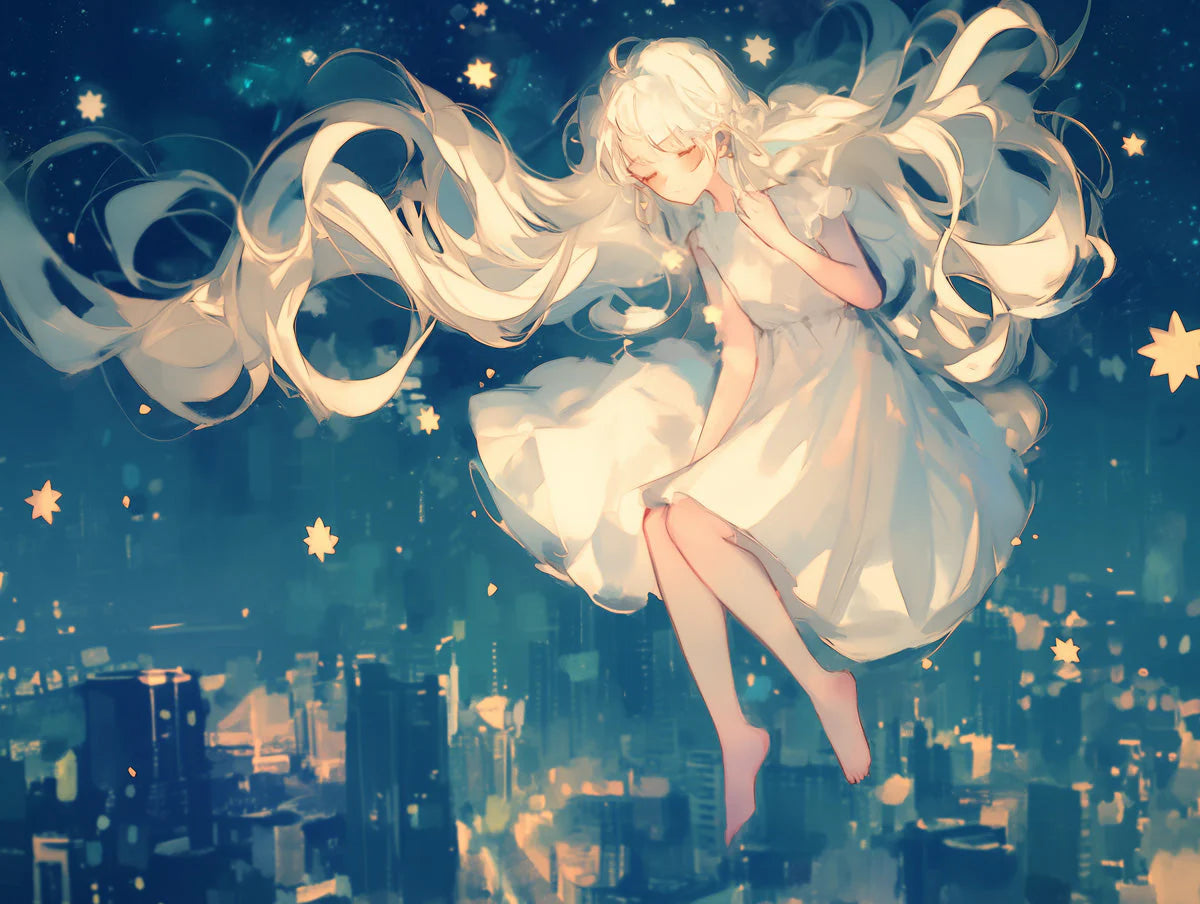 Floating Girl in Night Sky Mural Wallpaper — Whimsical Fantasy Mural Wallpaper - room preview 02