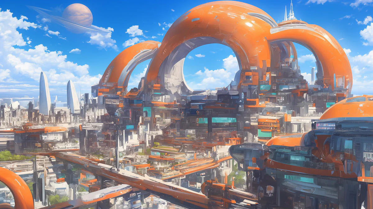 Futuristic Orange Cityscape Mural Wallpaper — Architectural Concept Mural Wallpaper - room preview 02