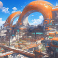 Futuristic Orange Cityscape Mural Wallpaper — Architectural Concept Mural Wallpaper - room preview 02