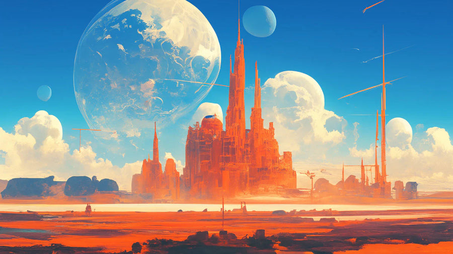 Celestial Wallpaper Mural – Stars & Moon Wall Mural – Celestial Spire — Otherworldly Fantasy Landscape printable artwork