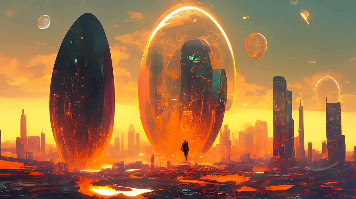 Futuristic Sunset Cityscape Mural Wallpaper — Speculative Art Mural Wallpaper - room preview 02