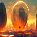 Futuristic Sunset Cityscape Mural Wallpaper — Speculative Art Mural Wallpaper - room preview 02