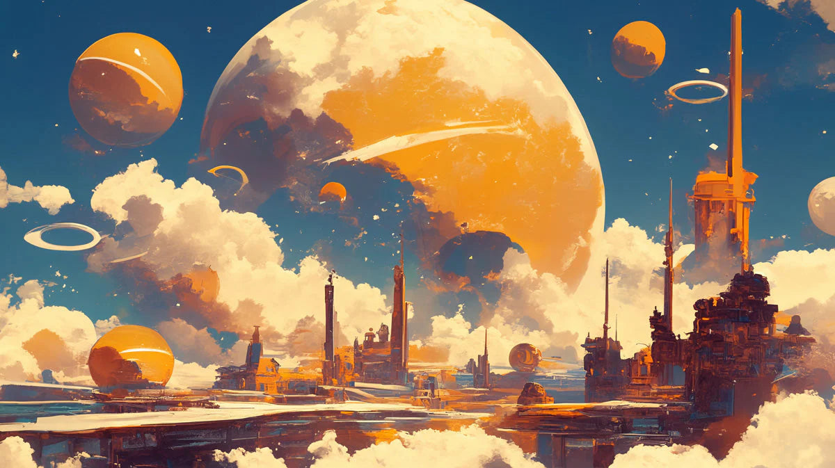 Celestial Horizon Mural Wallpaper — Cosmic Orange and Blue Mural Wallpaper - room preview 02