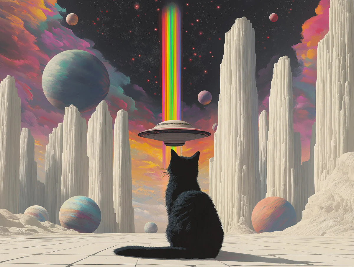 Cosmic Cat Alien Landscape Mural Wallpaper — Surreal Fantasy Mural Wallpaper - room preview 02