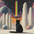 Cosmic Cat Alien Landscape Mural Wallpaper — Surreal Fantasy Mural Wallpaper - room preview 02