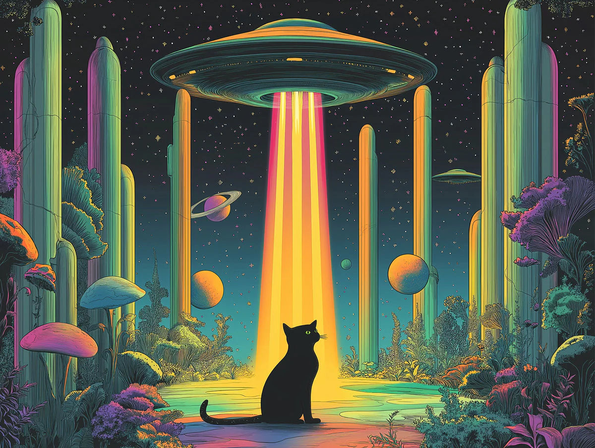 Cosmic Cat and UFO Encounter Mural Wallpaper —Whimsical Sci-Fi Mural Wallpaper - room preview 02