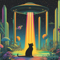 Cosmic Cat and UFO Encounter Mural Wallpaper —Whimsical Sci-Fi Mural Wallpaper - room preview 02