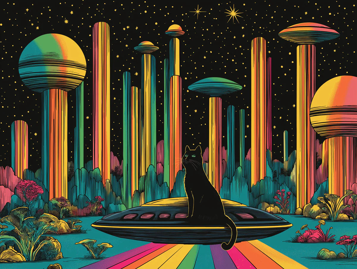 Cosmic Cat and Retro UFO Mural Wallpaper — Vibrant Sci-Fi Art Mural Wallpaper - room preview 02