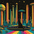 Cosmic Cat and Retro UFO Mural Wallpaper — Vibrant Sci-Fi Art Mural Wallpaper - room preview 02