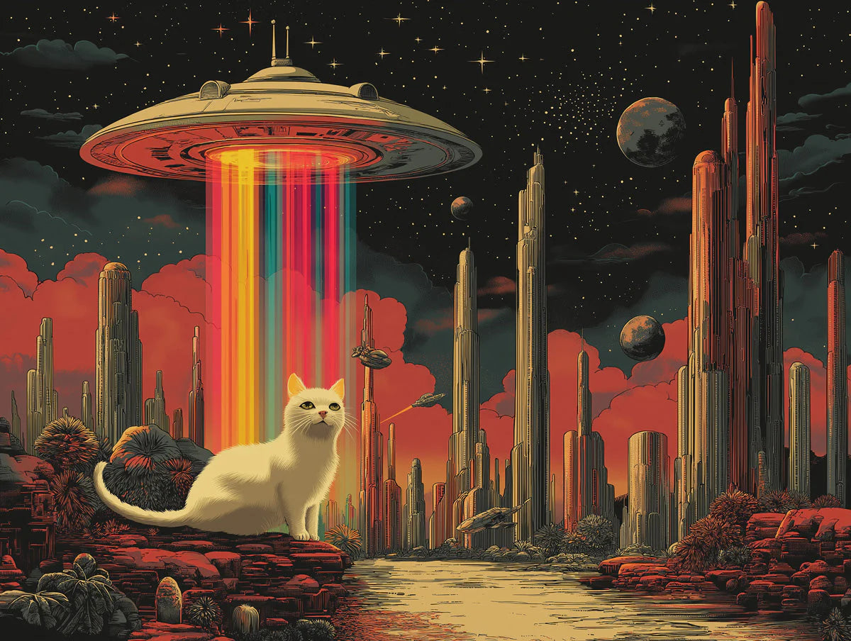 Cosmic Feline UFO Adventure Mural Wallpaper — Sci-Fi Illustration Mural Wallpaper - room preview 02