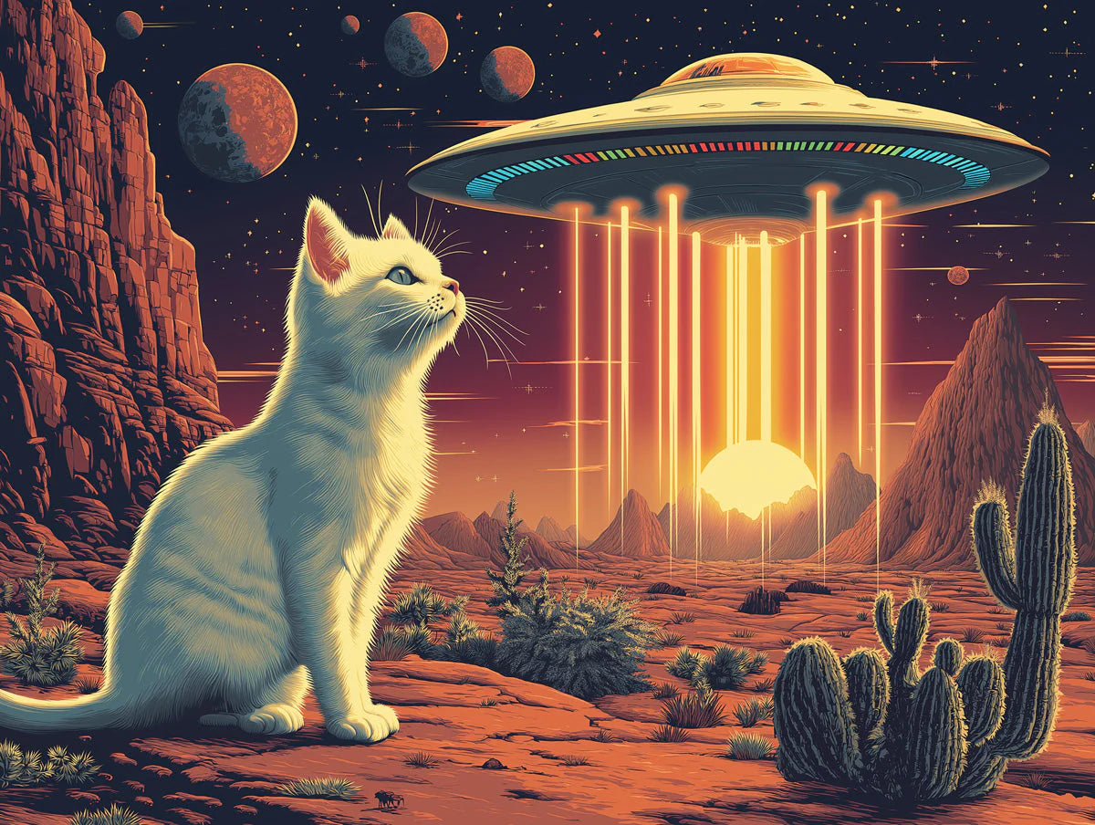 Cosmic Cat and Desert UFO Adventure Mural Wallpaper - room preview 02