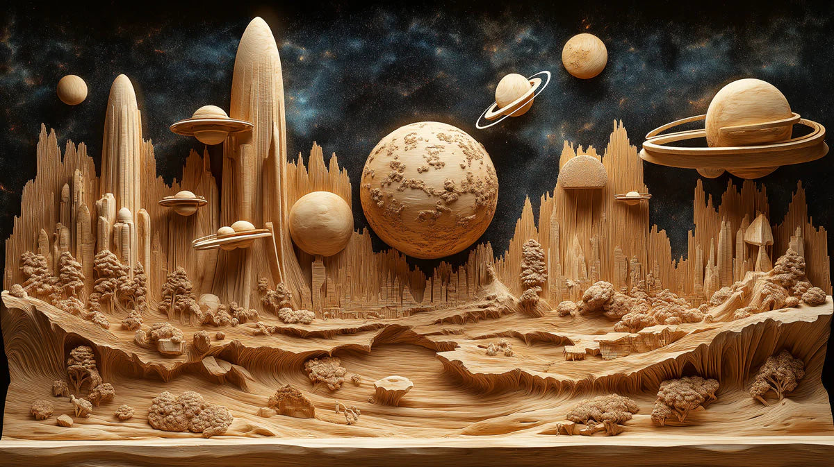 Alien Planet Settlement Mural Wallpaper — Carved Wood Aesthetic Mural Wallpaper - room preview 02