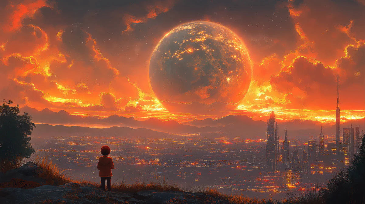 Cosmic Cityscape Mural Wallpaper — Glowing Sunset Horizon Mural Wallpaper - room preview 02