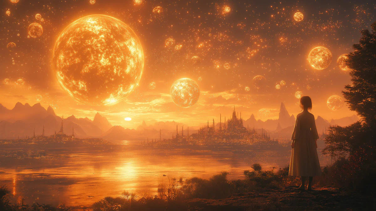 Celestial Horizon Mural Wallpaper — Warm Golden Cosmic Landscape Mural Wallpaper - room preview 02