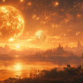 Celestial Horizon Mural Wallpaper — Warm Golden Cosmic Landscape Mural Wallpaper - room preview 02