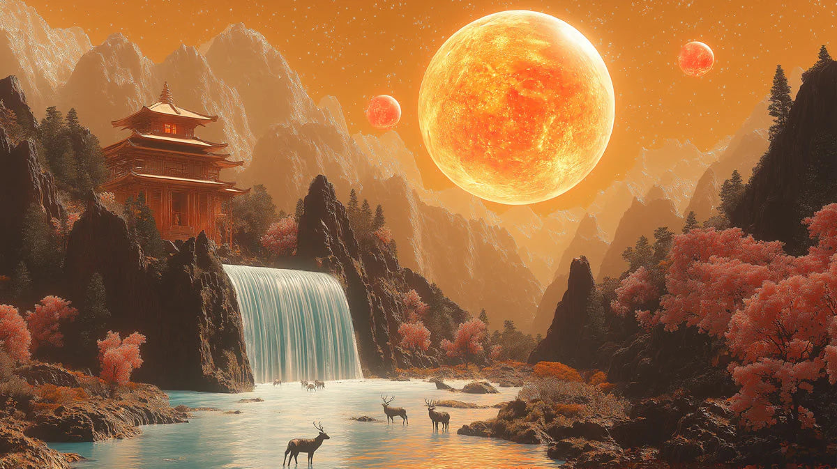 Celestial Pagoda Landscape Mural Wallpaper in Amber and Red Mural Wallpaper - room preview 02