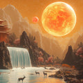 Celestial Pagoda Landscape Mural Wallpaper in Amber and Red Mural Wallpaper - room preview 02
