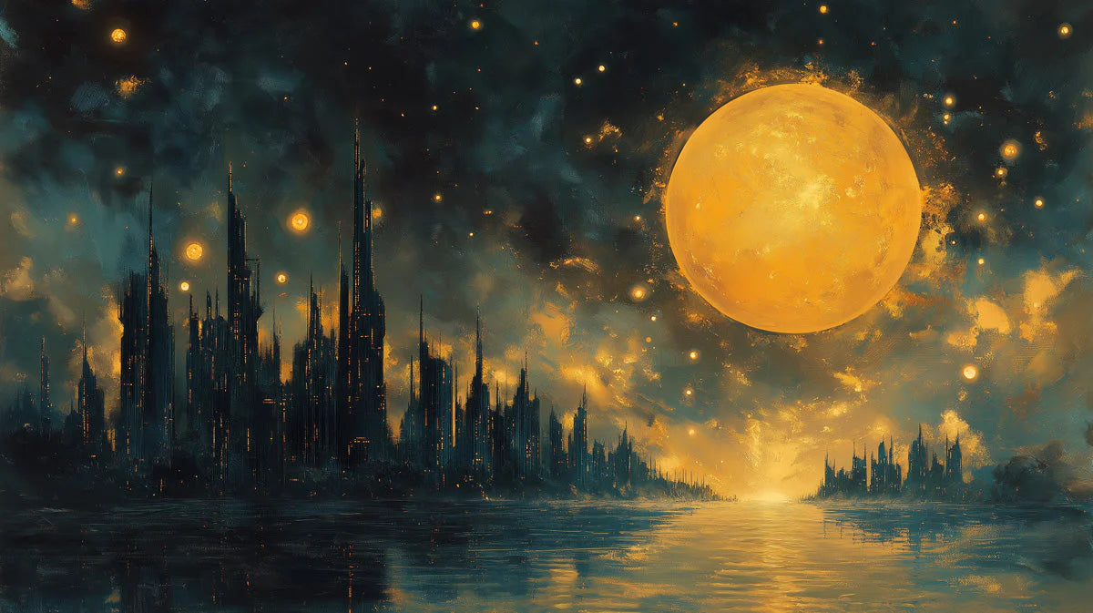 Celestial Cityscape Mural Wallpaper — Midnight Blue and Ochre Mural Wallpaper - room preview 02