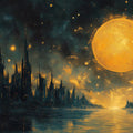 Celestial Cityscape Mural Wallpaper — Midnight Blue and Ochre Mural Wallpaper - room preview 02
