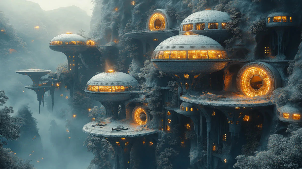 Futuristic Cliffside City Mural Wallpaper in Blue and Gold Mural Wallpaper - room preview 02
