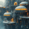 Futuristic Cliffside City Mural Wallpaper in Blue and Gold Mural Wallpaper - room preview 02