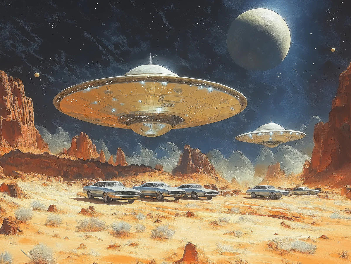 Retro Sci-Fi Desert Landscape Mural Wallpaper — Mid-Century Space Mural Wallpaper - room preview 02