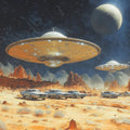 Retro Sci-Fi Desert Landscape Mural Wallpaper — Mid-Century Space Mural Wallpaper - room preview 02