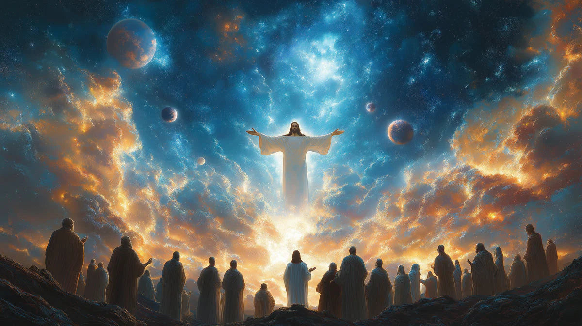 Celestial Ascension Mural Wallpaper — Blue and Golden Cosmic Sky Mural Wallpaper - room preview 02