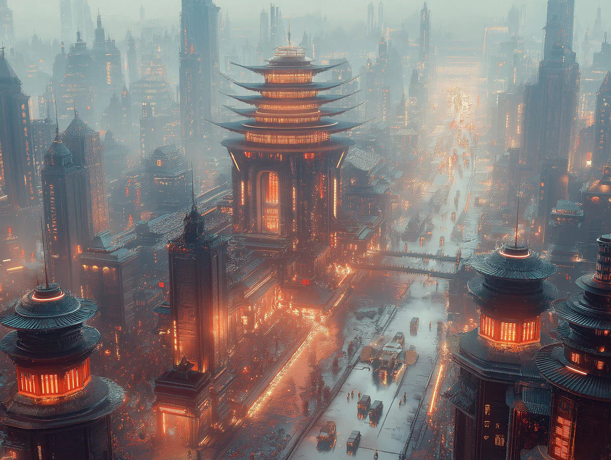 Cybernetic Pagoda City Mural Wallpaper — Futuristic Urban Design Mural Wallpaper - room preview 02