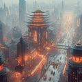 Cybernetic Pagoda City Mural Wallpaper — Futuristic Urban Design Mural Wallpaper - room preview 02